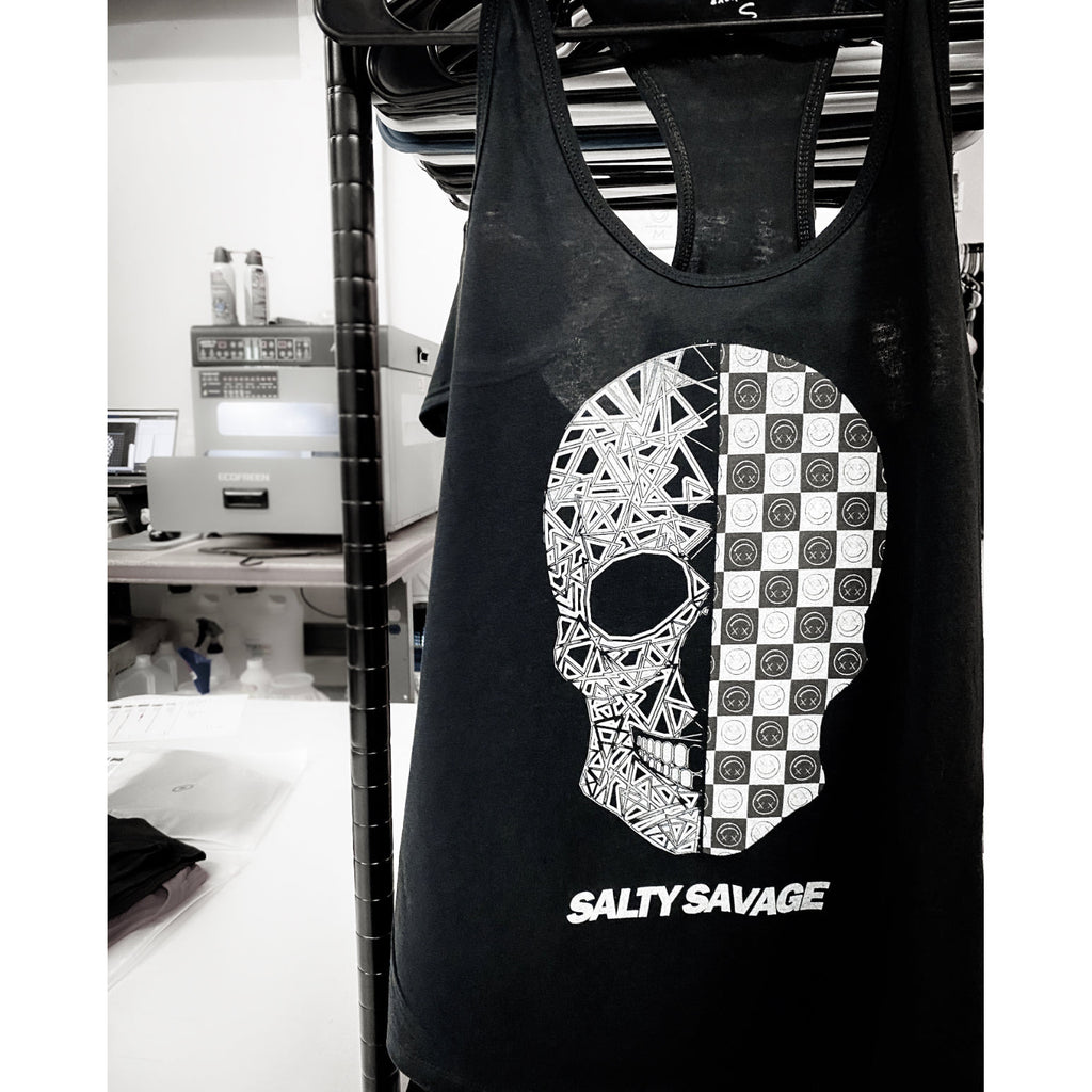 Salty Savage Ladies Spliced Geo Skull Checkerboard Racerback Tank Top | Black - Salty Savage - Ladies Top