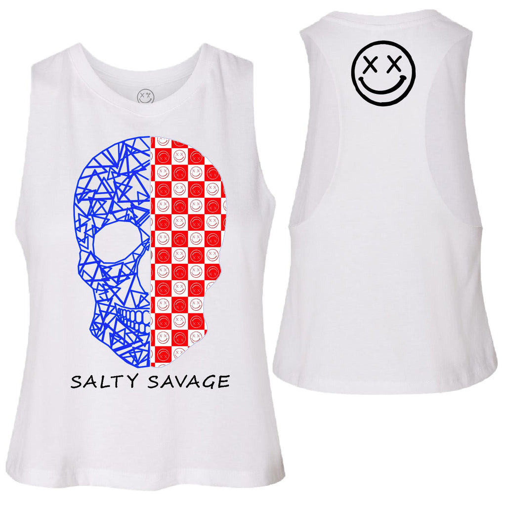 Salty Savage Ladies Spliced Geo Skull Flowy Crop Tank | USA Edition | White/Red/Blue - Salty Savage - Ladies Top