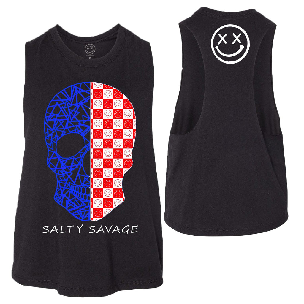 Salty Savage Ladies Spliced Geo Skull Flowy Crop Top | USA Edition | Black/Red/White/Blue - Salty Savage - Ladies Top