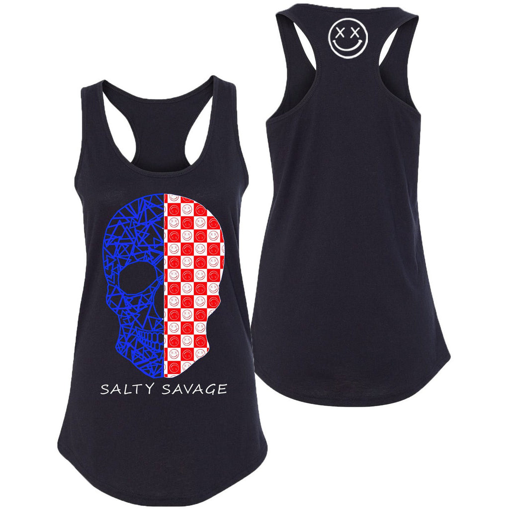 Salty Savage Ladies Spliced Geo Skull Racerback Tank Top | USA EDITION | Black/Red/White/Blue - Salty Savage - Ladies Top