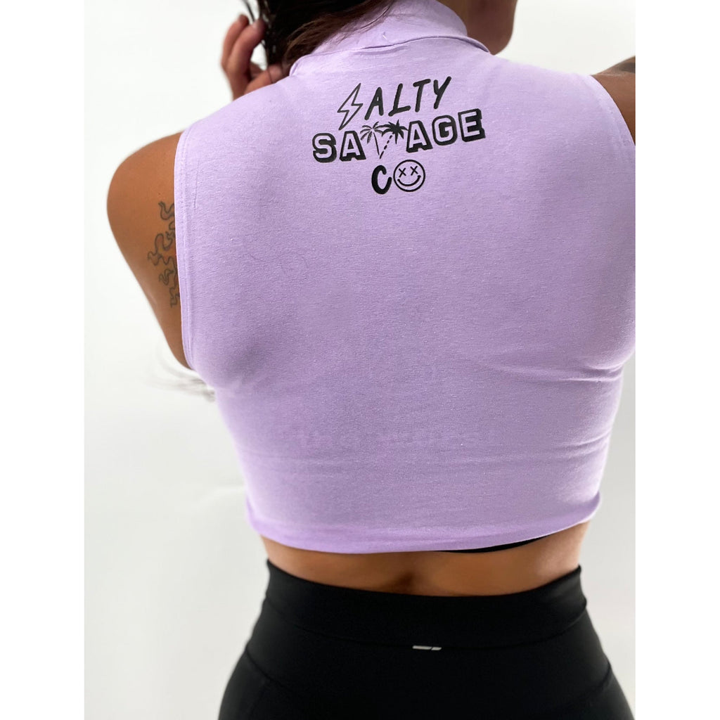 Salty Savage Ladies Spliced Smile Mock Neck Sleeveless Crop Tank | Lavender/Black - Salty Savage - Ladies Top