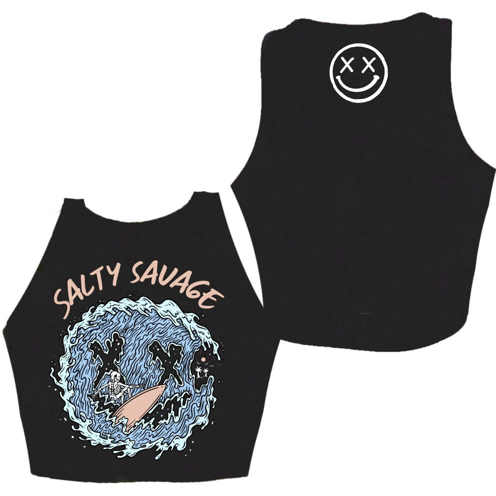 Salty Savage Ladies "Surfs Up OG Smile" High Neck Cropped Tank | In Your Face | Black - Salty Savage - Ladies Top