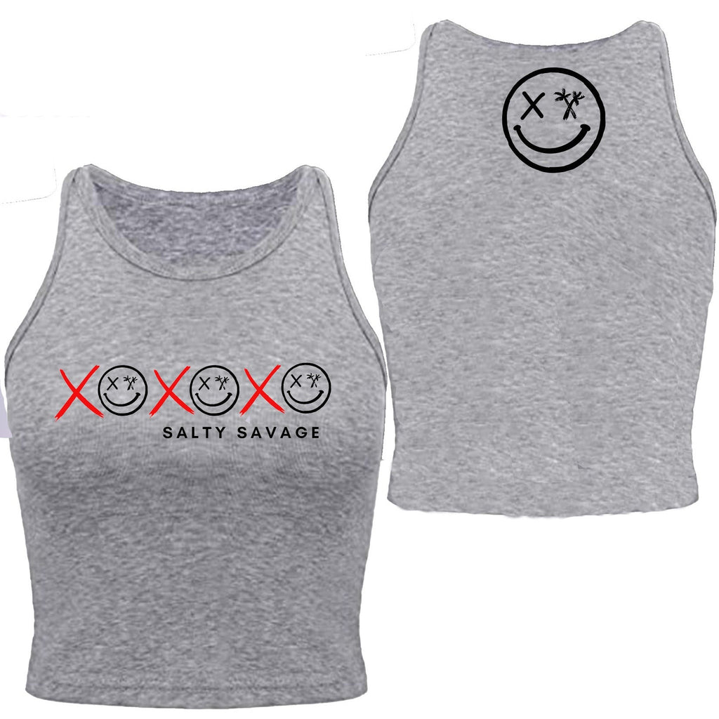 Salty Savage Ladies "XOXO" High Neck Sleeveless Crop Tank | Heather Gray - Salty Savage - Ladies Top