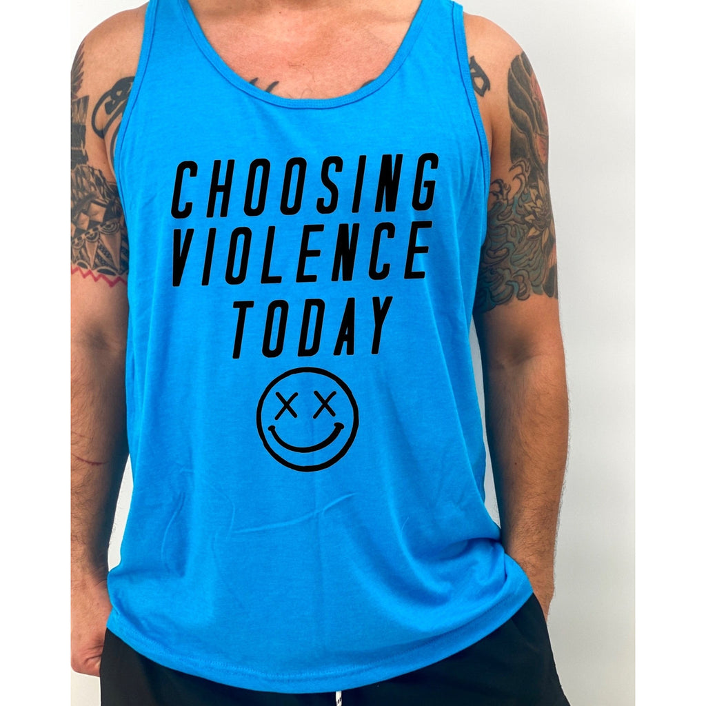Salty Savage Men’s “CHOOSING VIOLENCE TODAY” Tank Top | In Your Face | Neon Blue/Black - Salty Savage - Men Tank