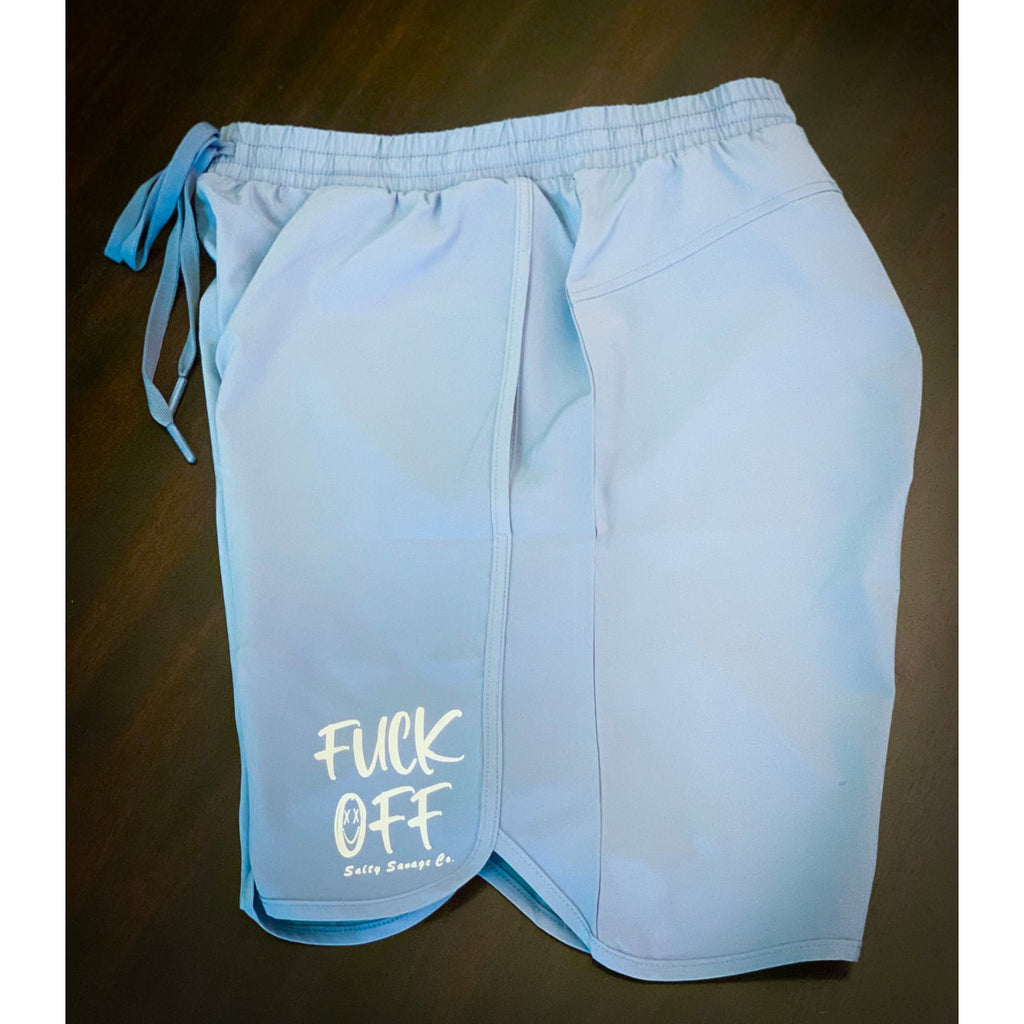 Salty Savage Men’s “FUCK OFF” Wave Cut Hybrid Training Shorts | Cool Blue - Salty Savage - Dudes Shorts