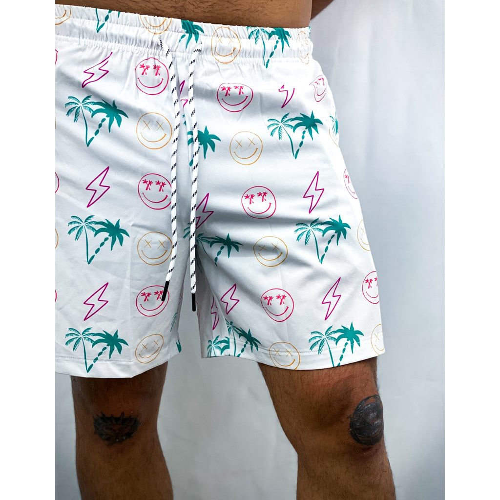Salty Savage Mens Fusion Shorts | White Palm Tree Smiley Pattern - Salty Savage - Dudes Shorts