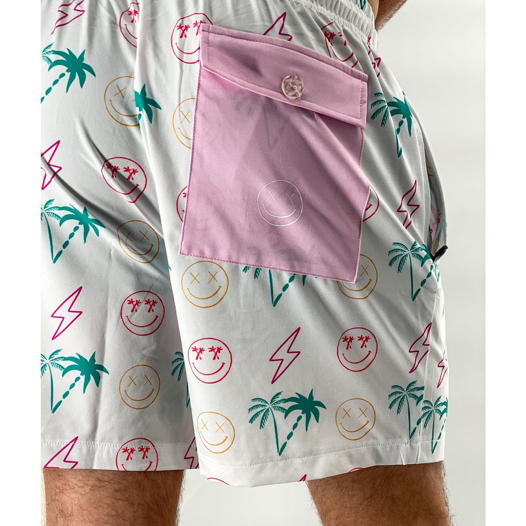 Salty Savage Mens Fusion Shorts | White Palm Tree Smiley Pattern - Salty Savage - Dudes Shorts