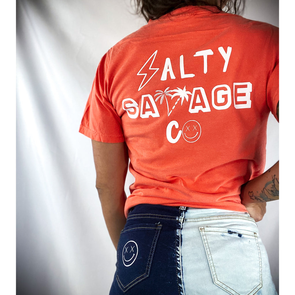 Salty Savage Unisex 90’s Summer Pocket Tee | Business in the Front, Party in the Back | Bright Coral/White - Salty Savage - Tee