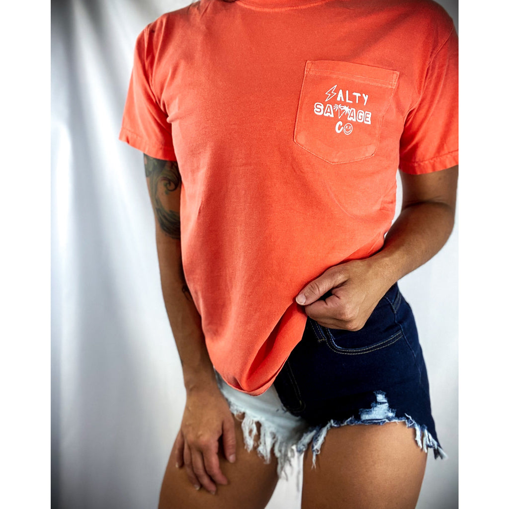 Salty Savage Unisex 90’s Summer Pocket Tee | Business in the Front, Party in the Back | Bright Coral/White - Salty Savage - Tee