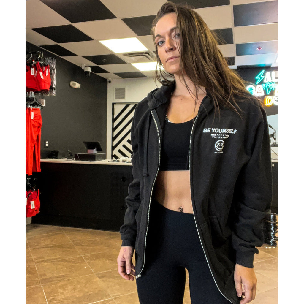 Salty Savage Unisex “Be Yourself” Classic Zip Up Hooded Sweatshirt | Black/White - Salty Savage - Outerwear