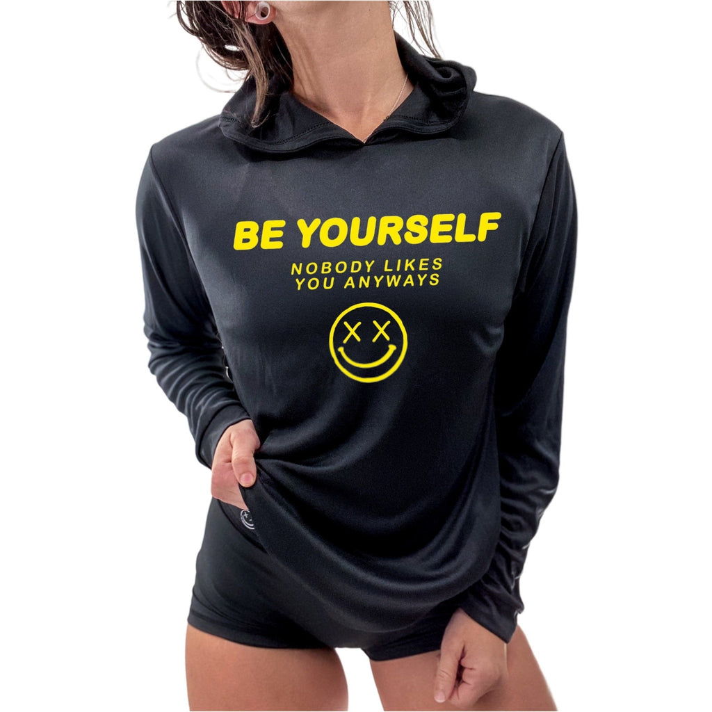 Salty Savage Unisex “BE YOURSELF” Long Sleeve Hooded Performance UPF 50+ Tee | Black/Yellow - Salty Savage - Outerwear
