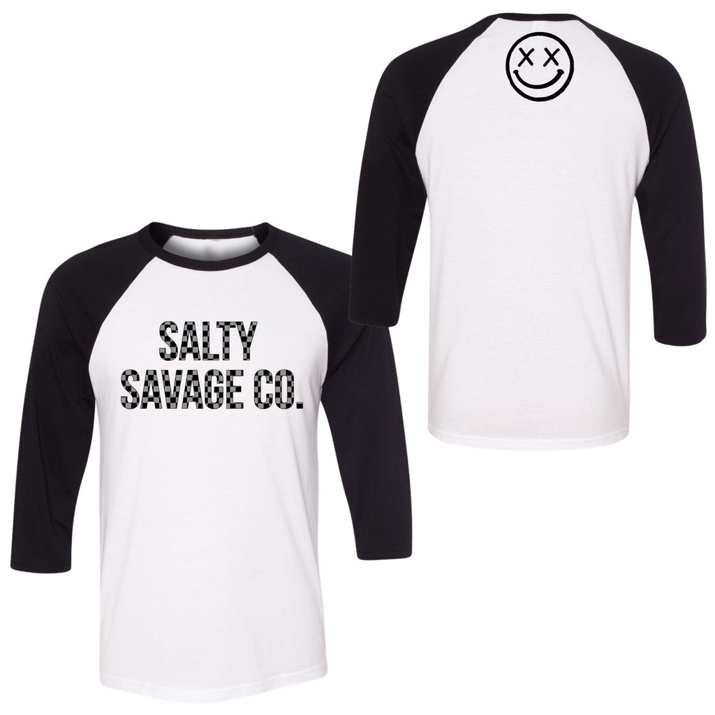 Salty Savage Unisex Checkered Print Logo Baseball Tee | White/Black - Salty Savage - Tee