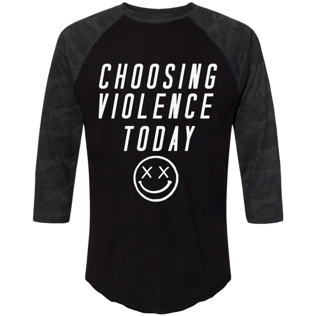 Salty Savage Unisex “CHOOSING VIOLENCE TODAY” 3/4 Sleeve Baseball Tee | In Your Face | Black Storm Camo/White - Salty Savage - Tee