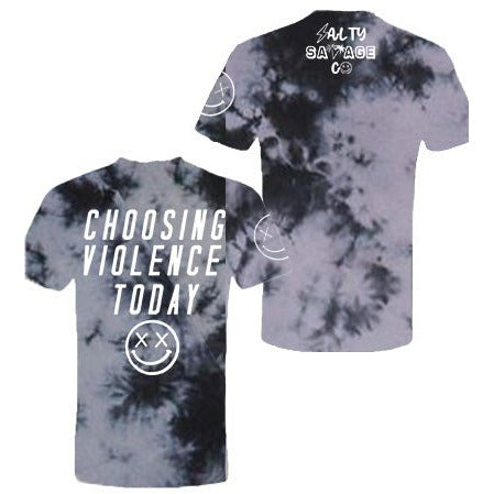 Salty Savage Unisex “CHOOSING VIOLENCE TODAY” Oversized Tall Crew Tee | In Your Face | Black/Gray Tie Dye - Salty Savage - Tee