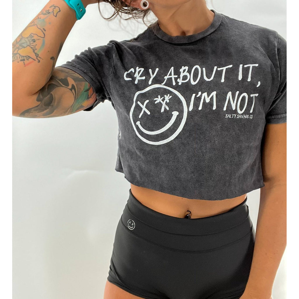 Salty Savage Unisex "CrY AboUt It, i'M NoT" Raw Cut Cropped Tee | The "iammelefate" Cry Special Edition | Vintage Black/White - Salty Savage - Tee