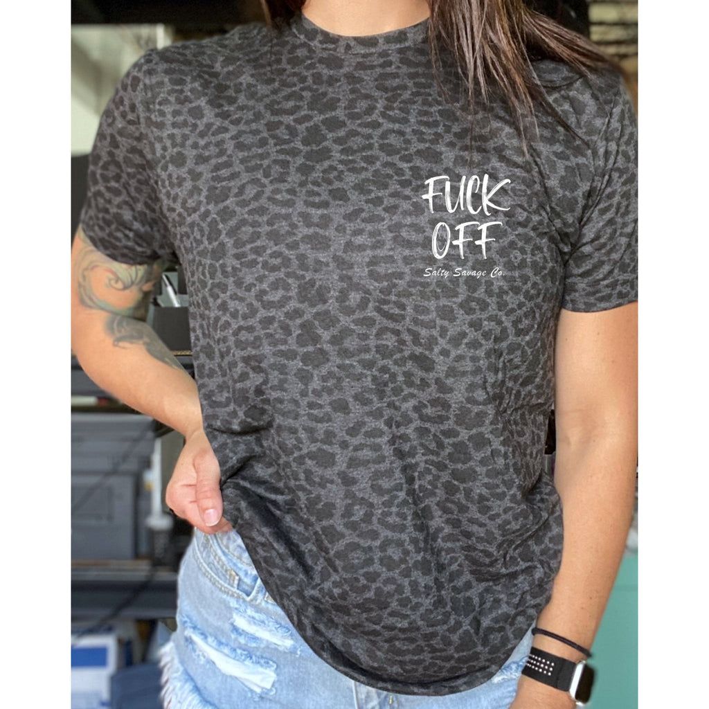 Salty Savage Unisex “Fuck Off” Tee | Basic | Black Leopard/White - Salty Savage - Tee