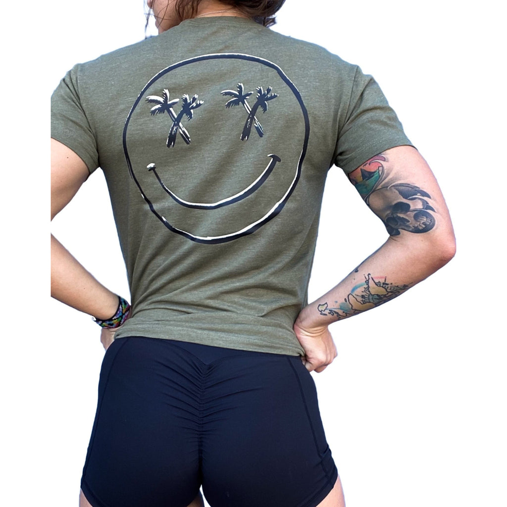 Salty Savage Unisex "OG Palm Tree Smile" Tee | Business in the Front Party in the Back | Seeing Double Edition | Olive/White Black - Salty Savage - Tee