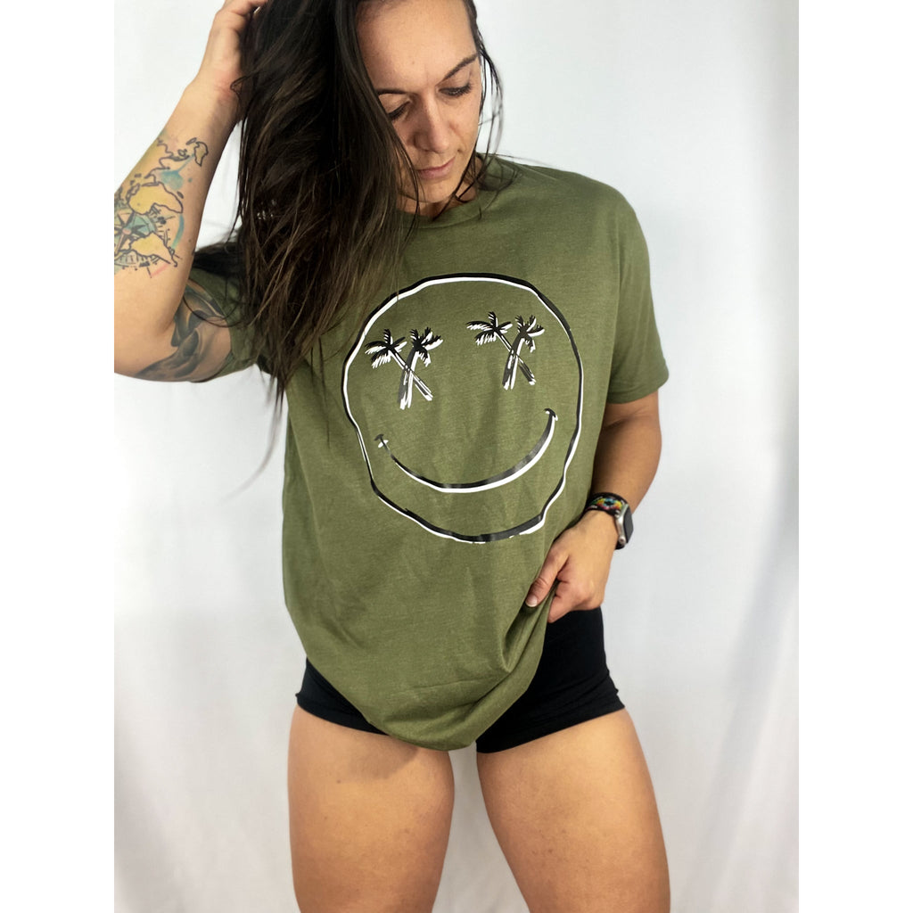 Salty Savage Unisex "OG Palm Tree Smile" Tee | In Your Face | Seeing Double Edition | Olive/White Black - Salty Savage - Tee