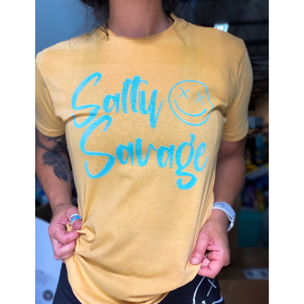 Salty Savage Unisex OG Signature Smile Crew Tee | Vintage Yellow/Teal - Salty Savage - Tee