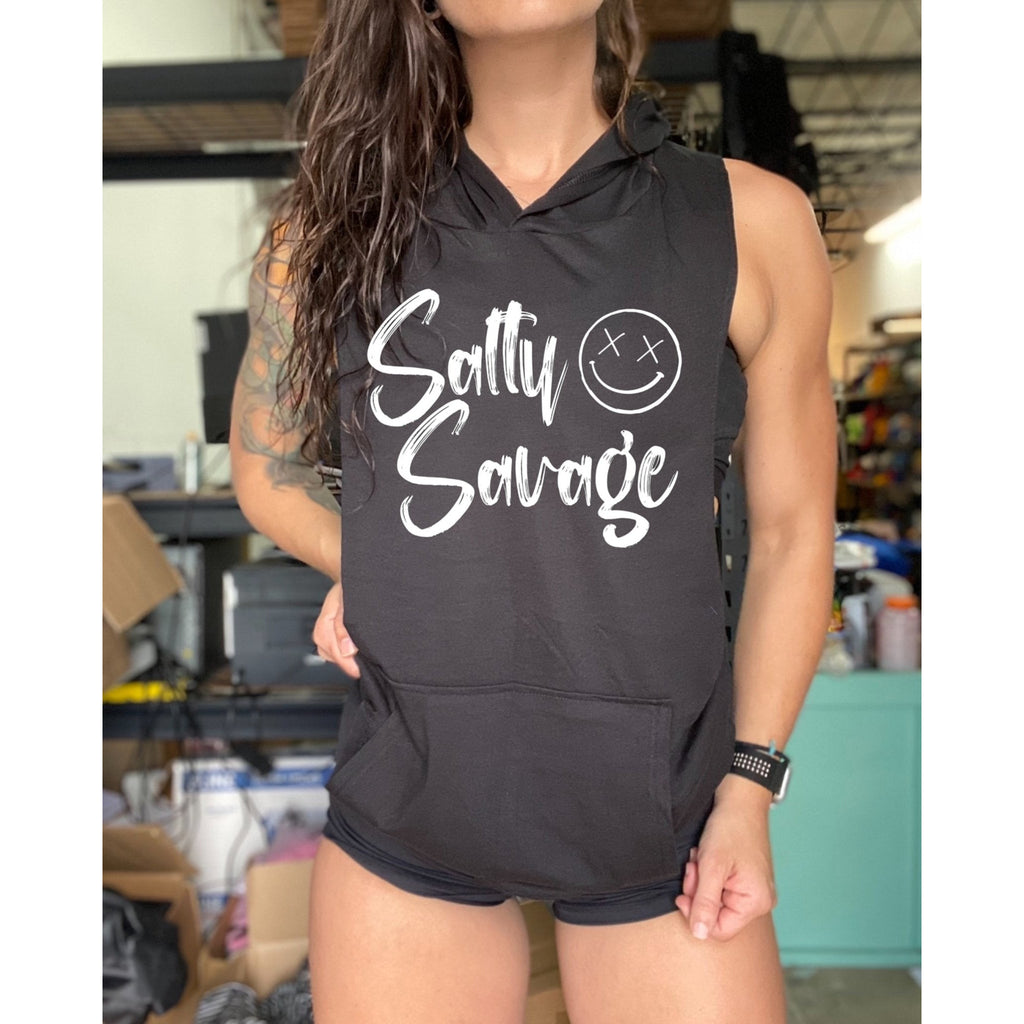 Salty Savage Unisex OG Smile Signature Sleeveless Racerback Muscle Tank Hoodie | Black/White - Salty Savage - Men Tank