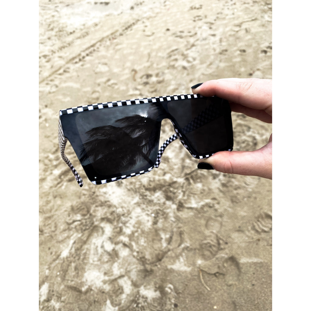 Salty Savage Unisex OG Smile Square Shield Sunglasses | Checkerboard Frame | Black - Salty Savage - Sunglasses