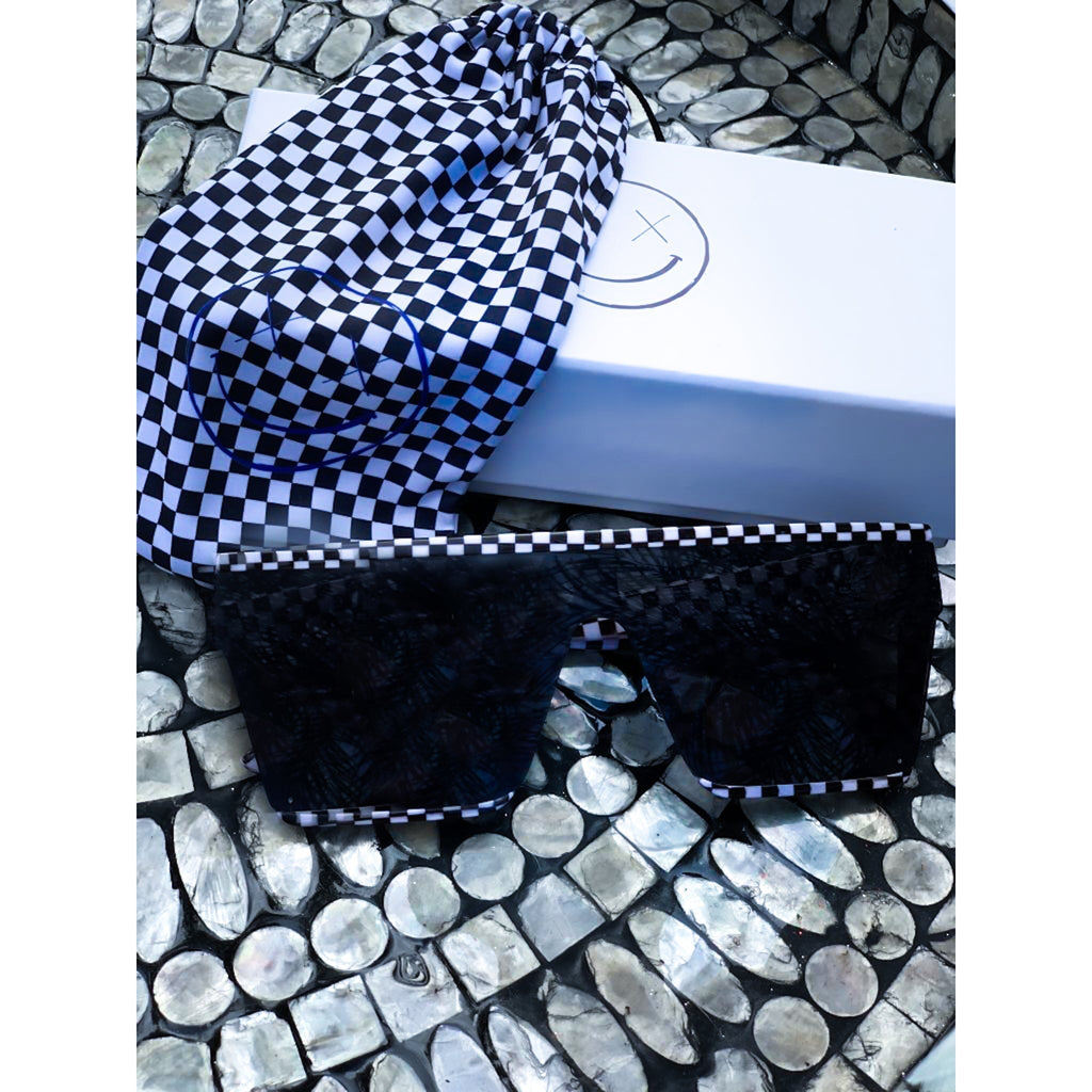 Salty Savage Unisex OG Smile Square Shield Sunglasses | Checkerboard Frame | Black - Salty Savage - Sunglasses