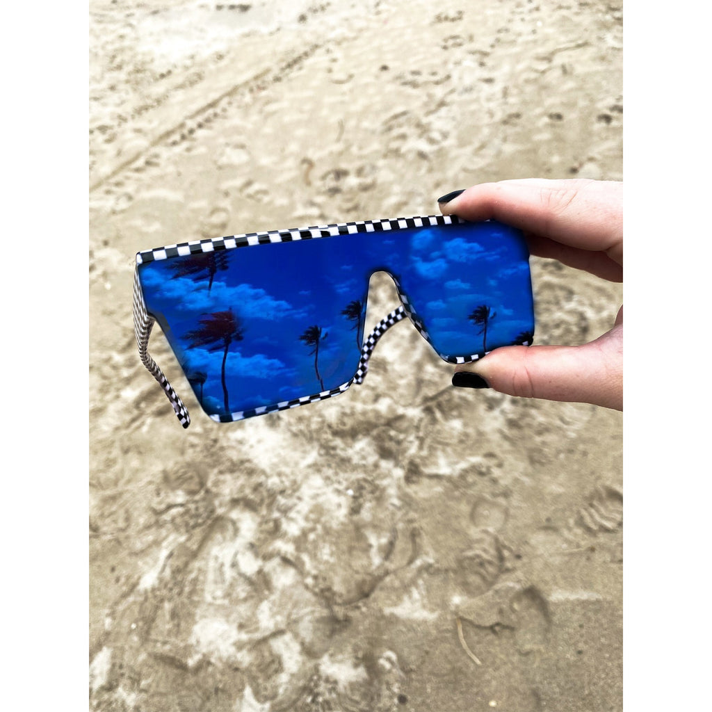 Salty Savage Unisex OG Smile Square Shield Sunglasses | Checkerboard Frame | Blue Mirror - Salty Savage - Sunglasses
