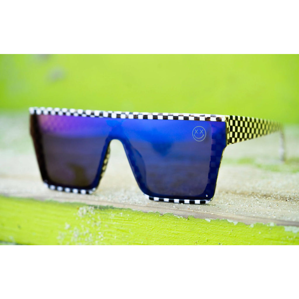 Salty Savage Unisex OG Smile Square Shield Sunglasses | Checkerboard Frame | Blue Mirror - Salty Savage - Sunglasses