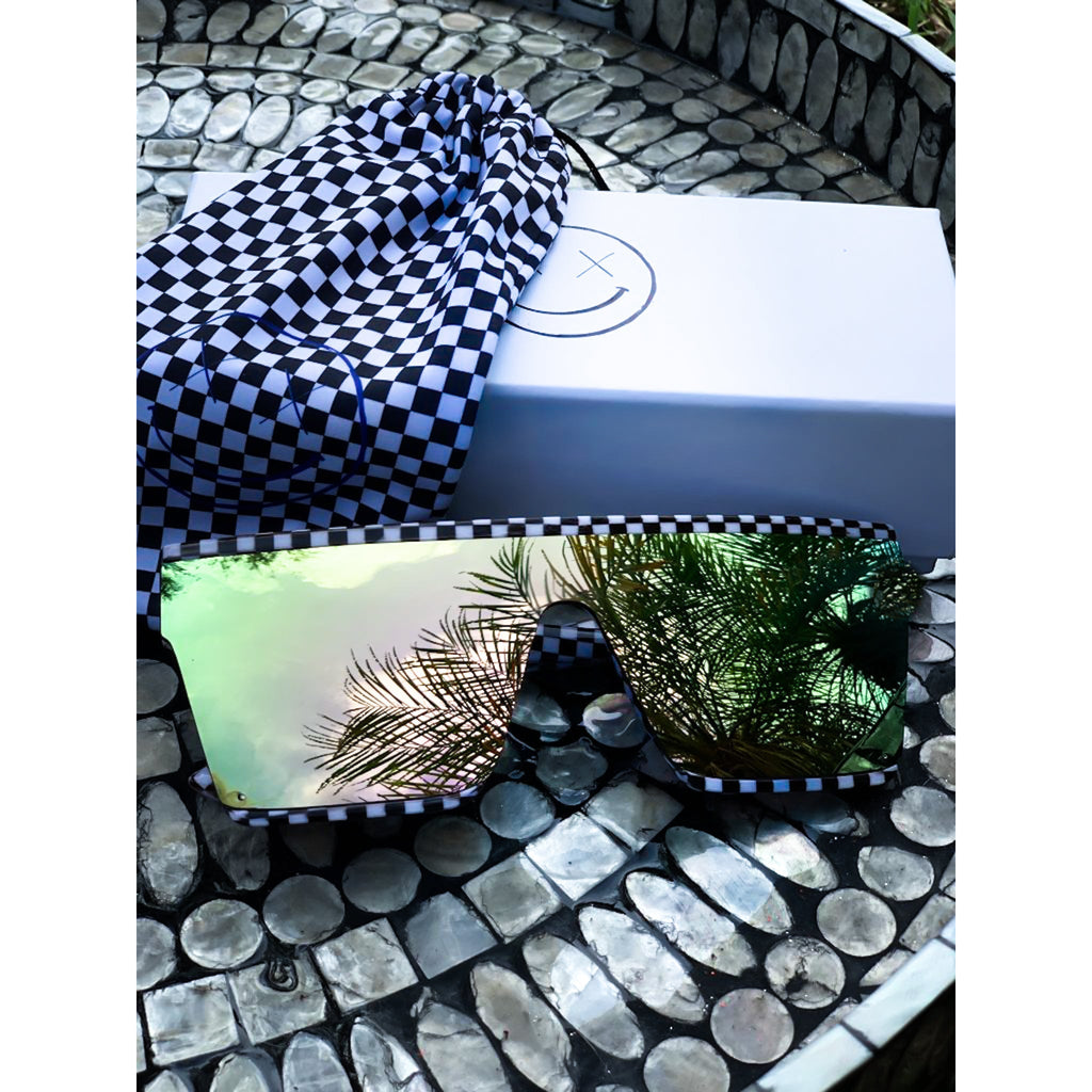Salty Savage Unisex OG Smile Square Shield Sunglasses | Checkerboard Frame | Iridescent Mirror - Salty Savage - Sunglasses