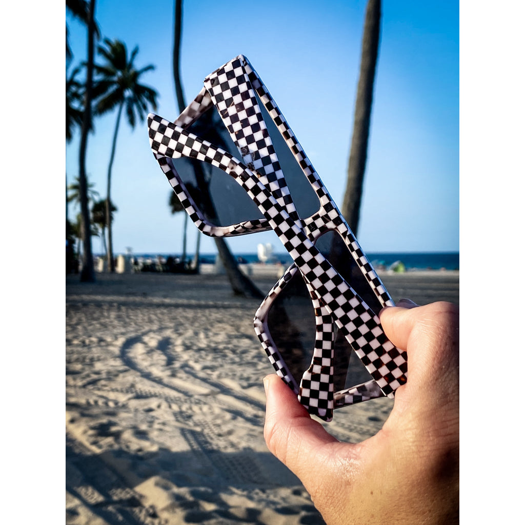Salty Savage Unisex OG Smile Square Shield Sunglasses | Checkerboard Frame | Iridescent Mirror - Salty Savage - Sunglasses