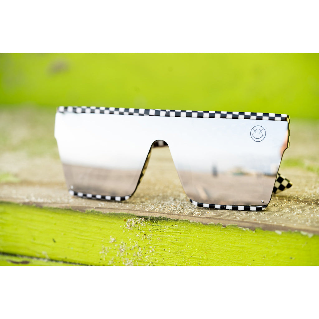 Salty Savage Unisex OG Smile Square Shield Sunglasses | Checkerboard Frame | Silver Mirror - Salty Savage - Sunglasses