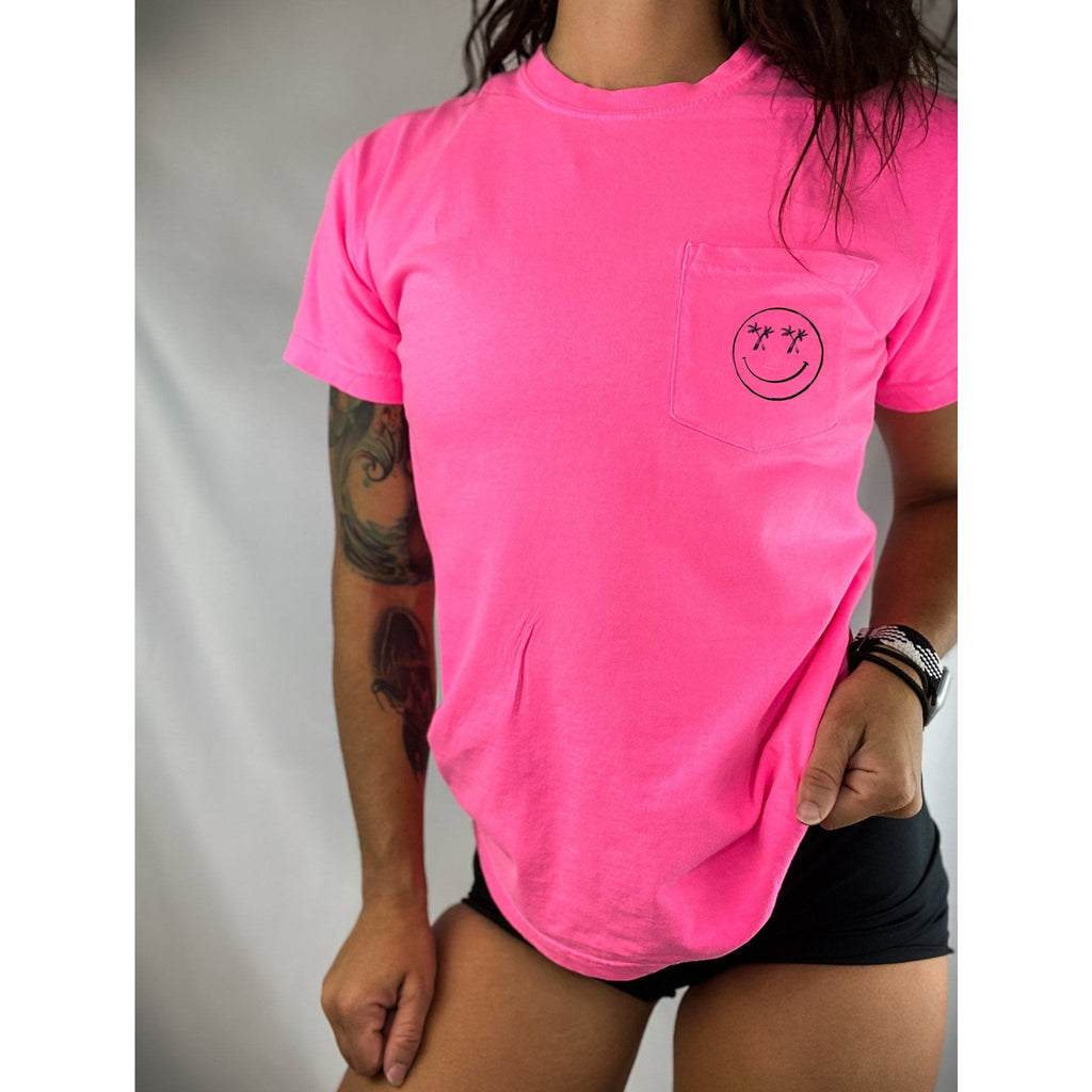 Salty Savage Unisex Palm Smile Heavyweight Pocket Tee | Business in the Front, Party in the Back | Neon Pink/Black - Salty Savage - Tee