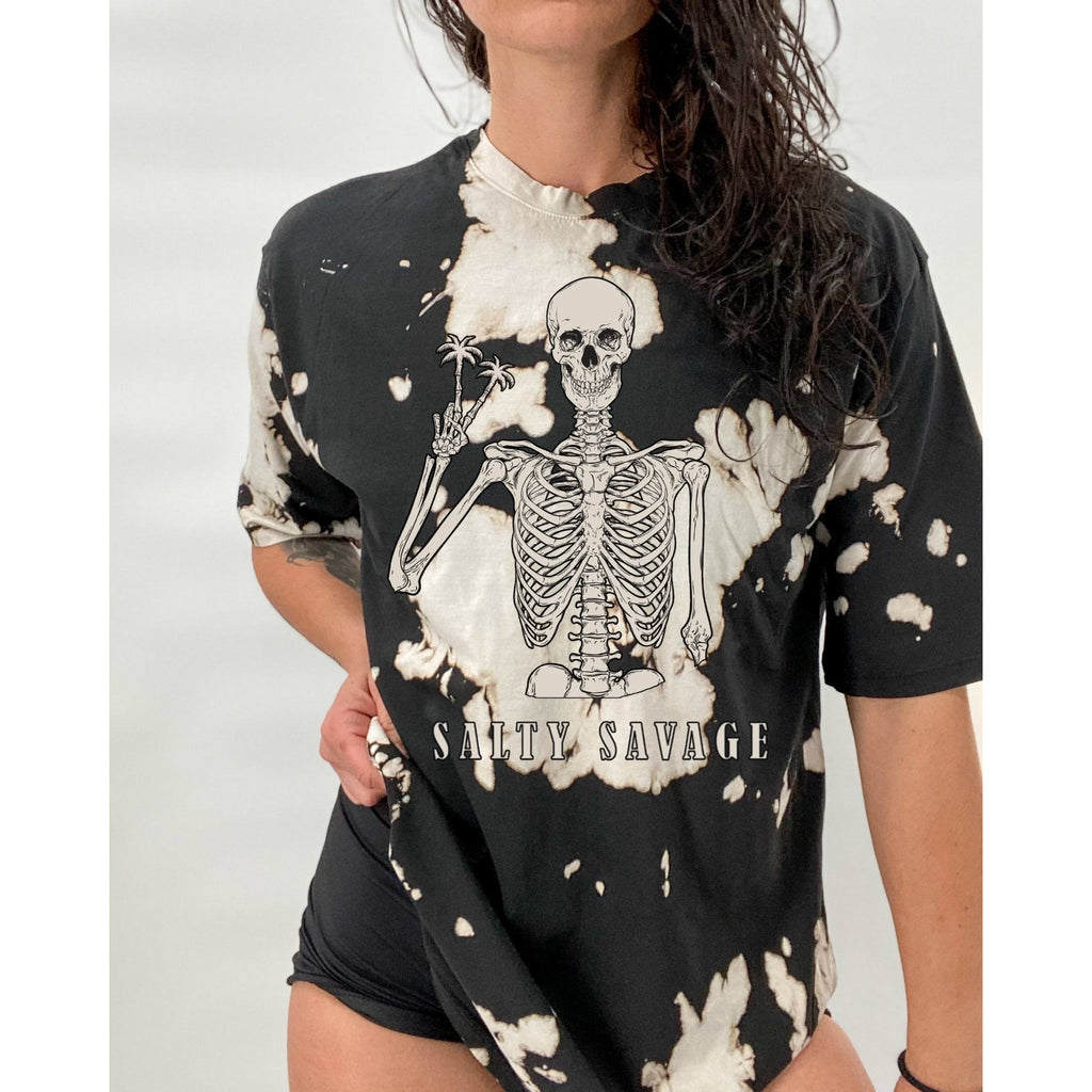 Salty Savage Unisex Peace Palm Tree Skeleton Oversized Tall Crew Tee | In Your Face | Black White Tie Dye - Salty Savage - Tee