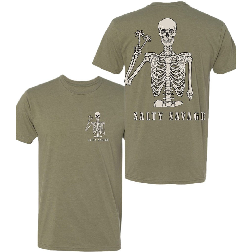 Salty Savage Unisex Peace Sign Skeleton Tee | Business in the Front, Party in the Back | Olive - Salty Savage - Tee