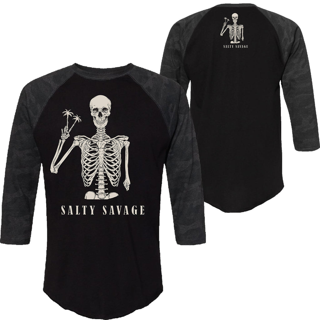 Salty Savage Unisex “Peace Skeleton” 3/4 Sleeve Baseball Tee | In Your Face | Black Storm Camo - Salty Savage - Tee