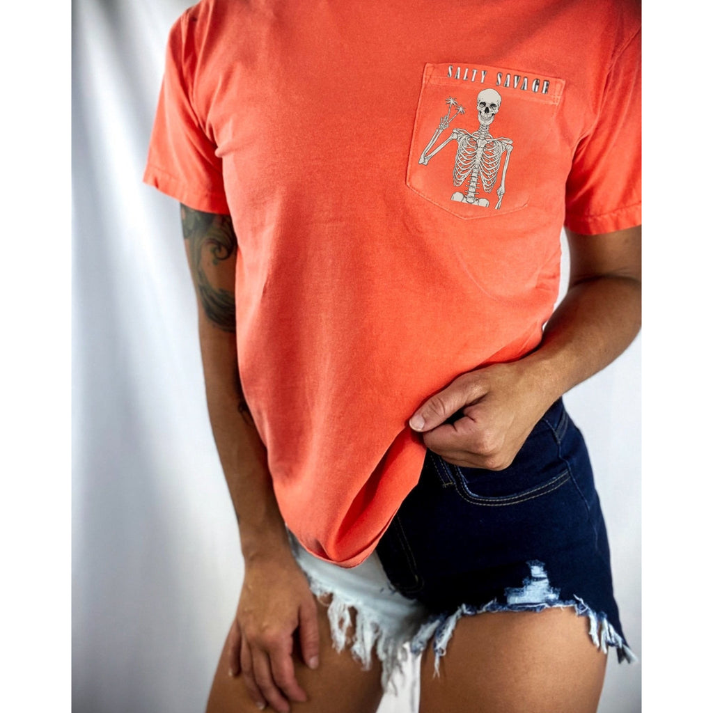 Salty Savage Unisex Peace Skeleton Pocket Tee | Business In The Front, Party In The Back | Bright Coral - Salty Savage - Tee