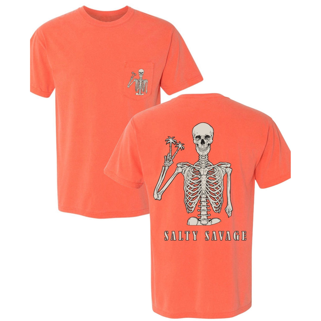 Salty Savage Unisex Peace Skeleton Pocket Tee | Business In The Front, Party In The Back | Bright Coral - Salty Savage - Tee