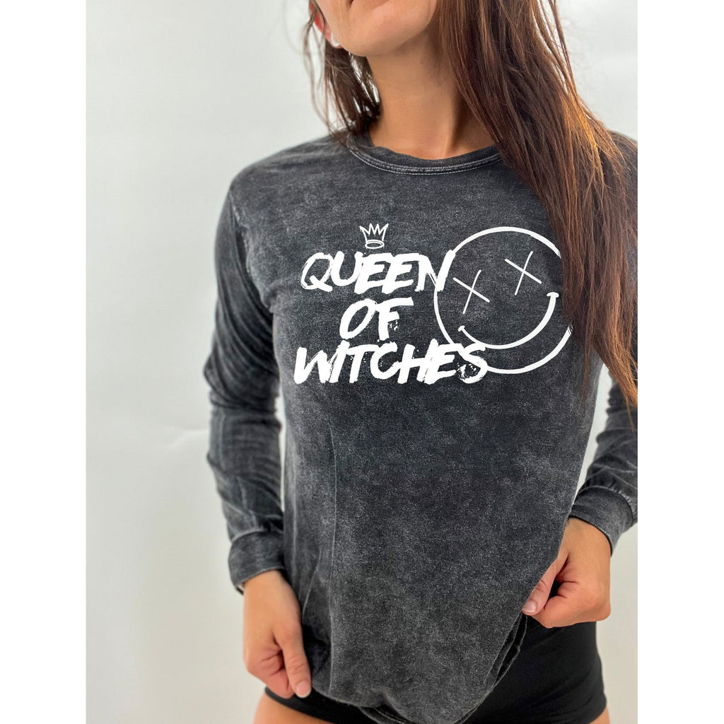 Salty Savage Unisex "Queen of Witches" Long Sleeve Tee | Black Acid Wash/White - Salty Savage - Tee