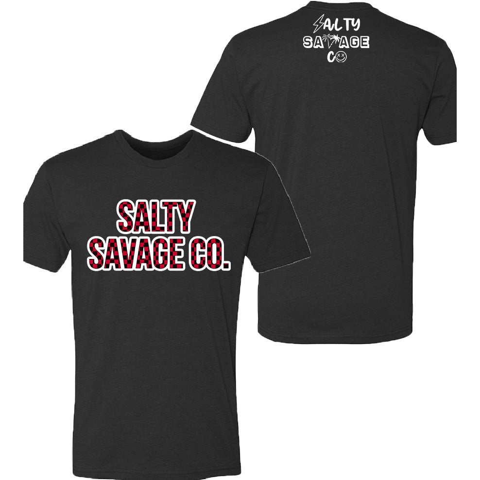 Salty Savage Unisex Red Plaid Checkered Print Logo Tee | Black/Gray - Salty Savage - Tee