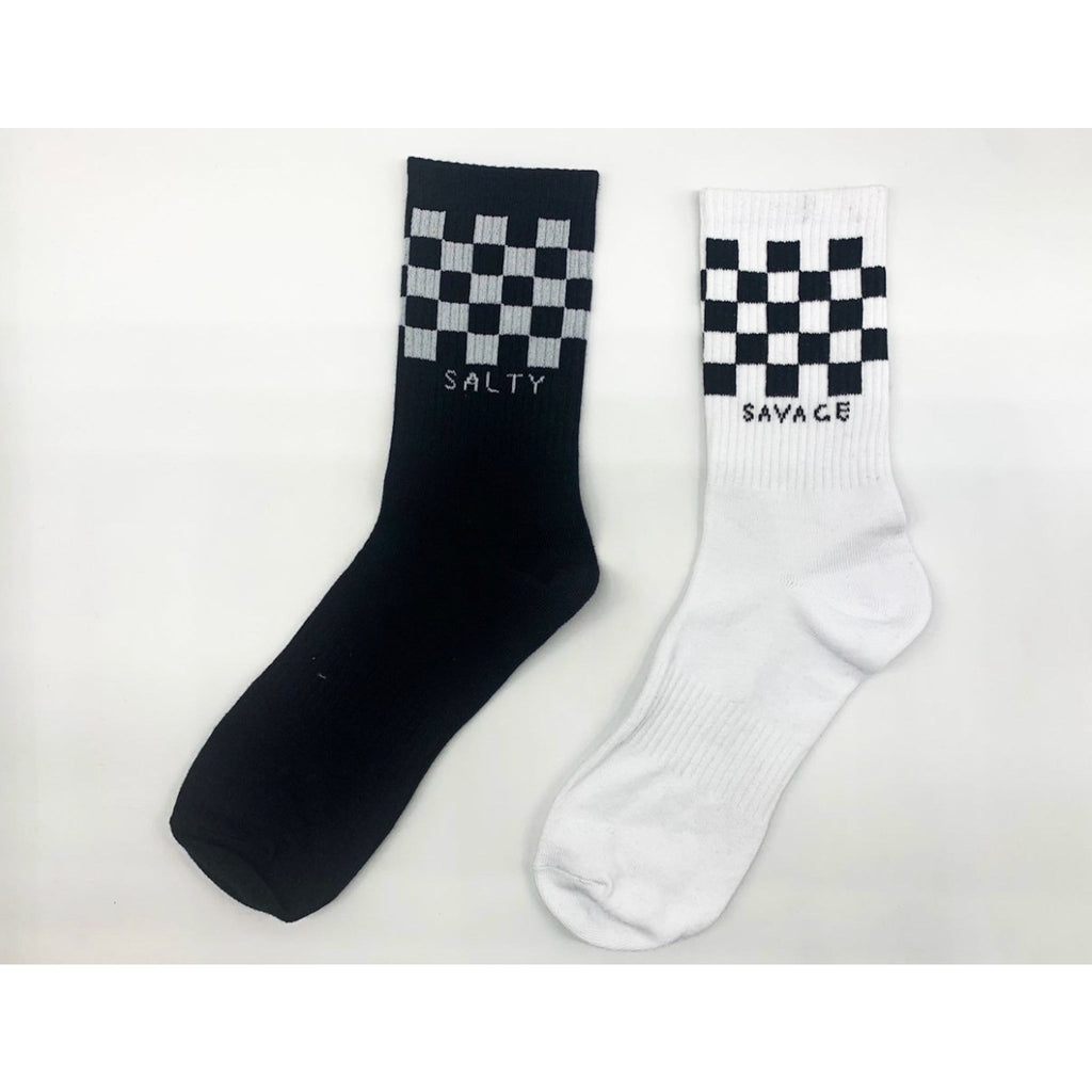 Salty Savage Unisex “SALTY SAVAGE” Mix Matched Crew Socks | Black/White Checkerboard - Salty Savage - Socks