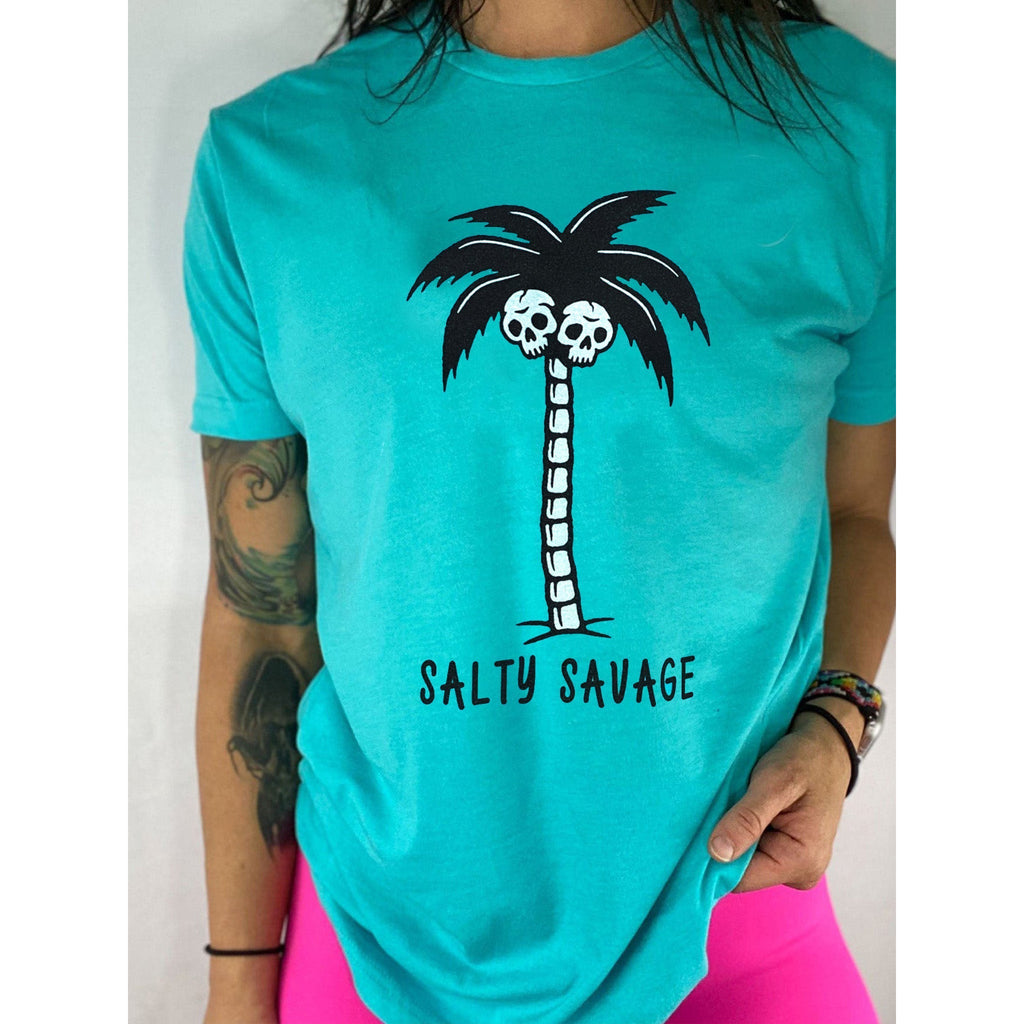 Salty Savage Unisex Skull Palm Tee | In Your Face | Island Teal - Salty Savage - Tees