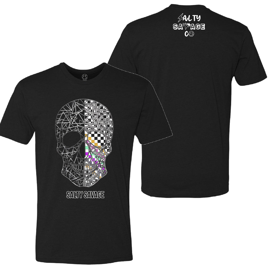 Salty Savage Unisex Spliced Geo Multi Colored Checkered Skull Tee | In Your Face | Black - Salty Savage - Tee