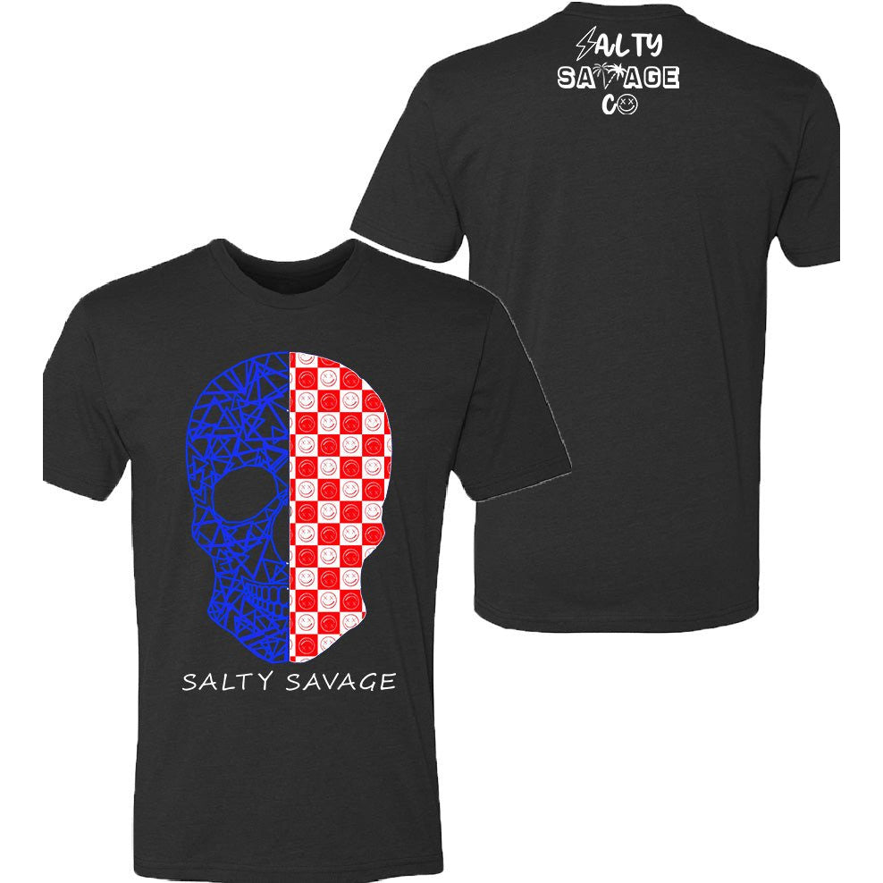 Salty Savage Unisex Spliced Geo Skull Tee | USA Edition | Black/Red/White/Blue - Salty Savage - Tee