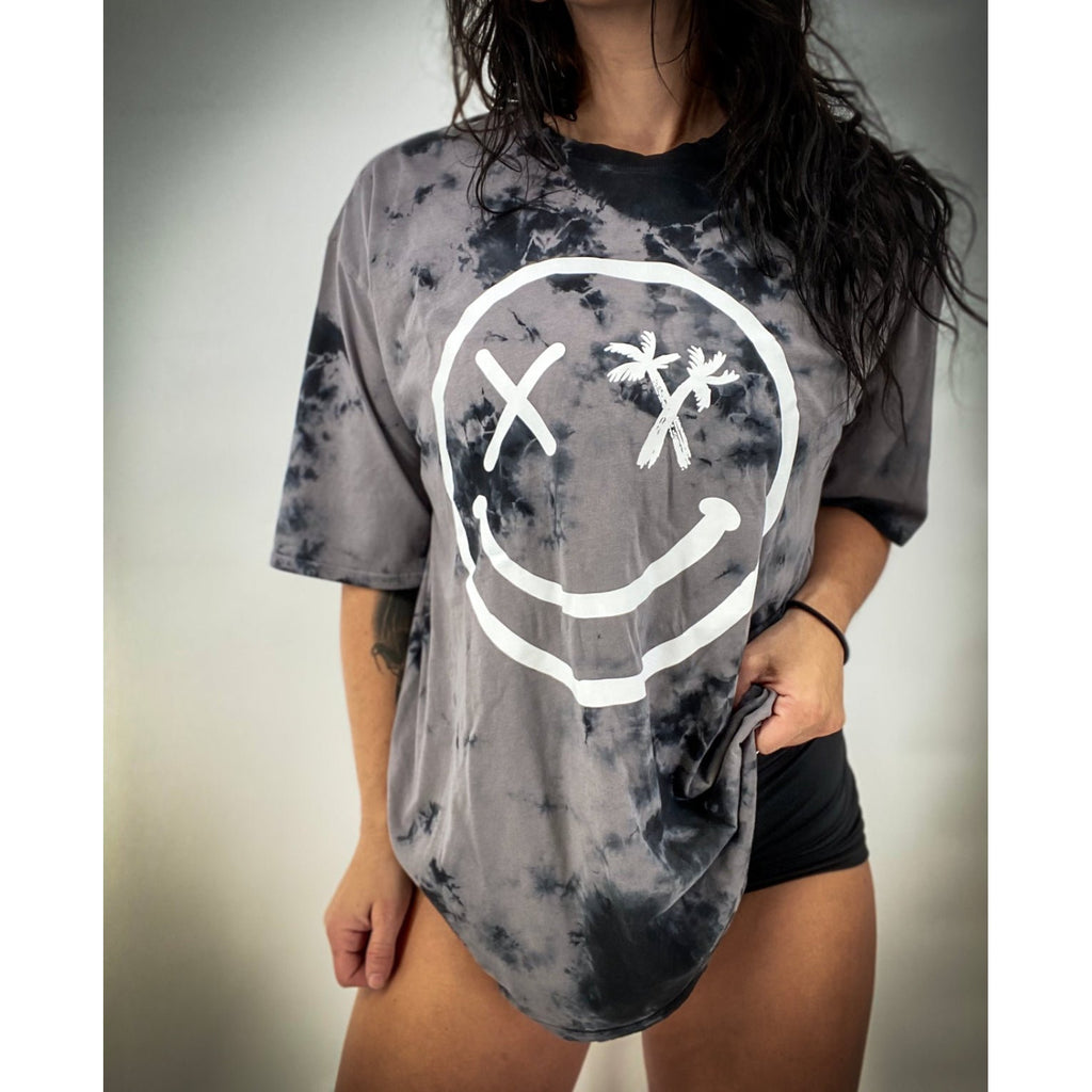 Salty Savage Unisex Spliced Smile Oversized Tall Crew Tee | In Your Face | Black Gray Tie Dye/White - Salty Savage - Tee