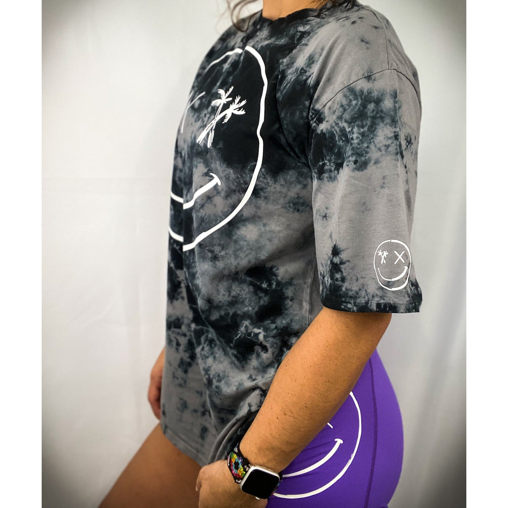 Salty Savage Unisex Spliced Smile Oversized Tall Crew Tee | In Your Face | Black Gray Tie Dye/White - Salty Savage - Tee