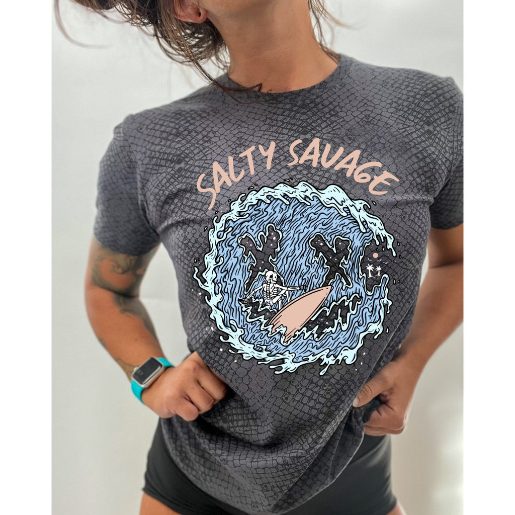 Salty Savage Unisex Surfs Up Skull Wave Tee | Black Reptile - Salty Savage - Tee
